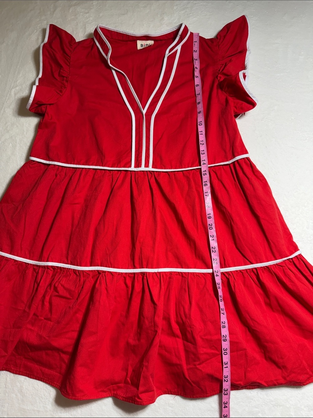 BiBi Cherry Red Tiered Cotton Dress with White Piping Trim - Picture 7 of 8